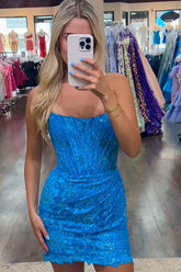 Misshow Sparkly Blue Strapless Corset Tight Short Homecoming Dress/Mini Dress
